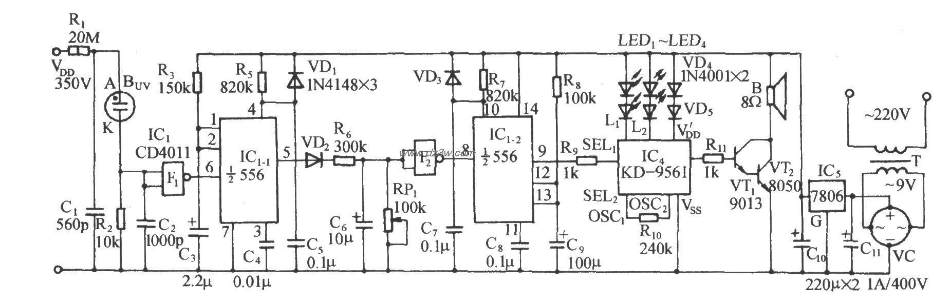 紫外线火灾声光报警装置电路图