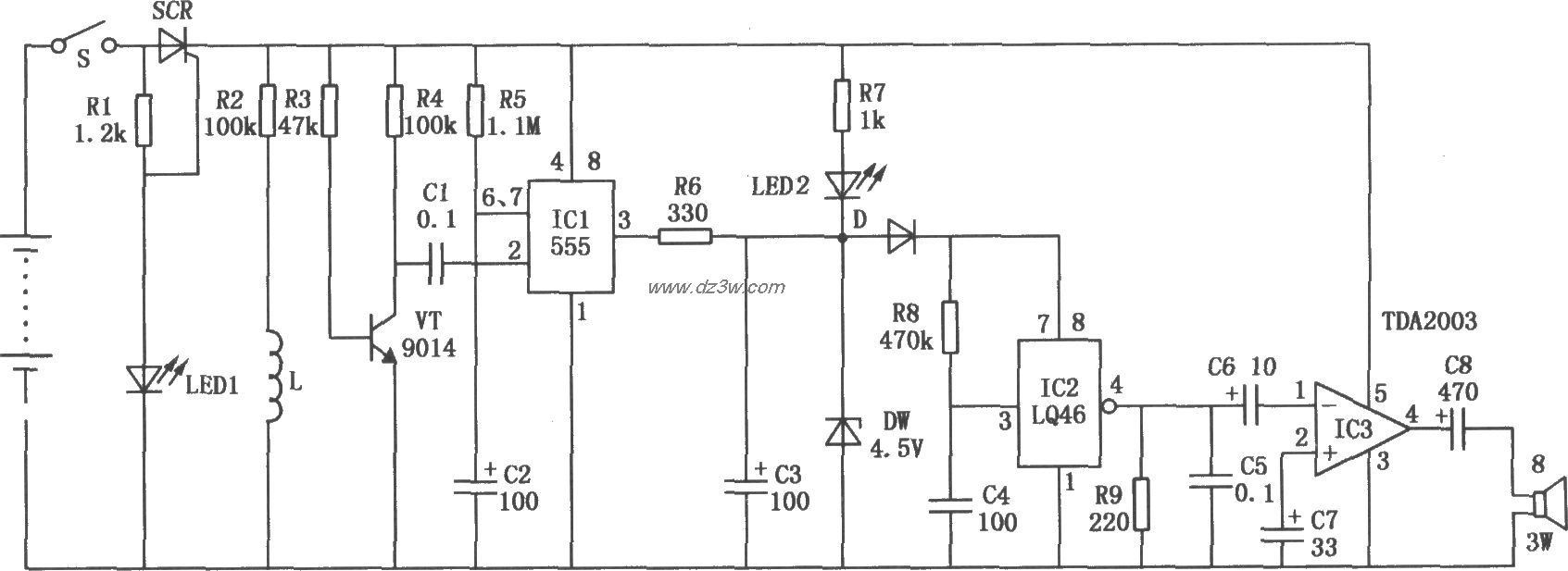 果园防盗报警器电路(555电路图