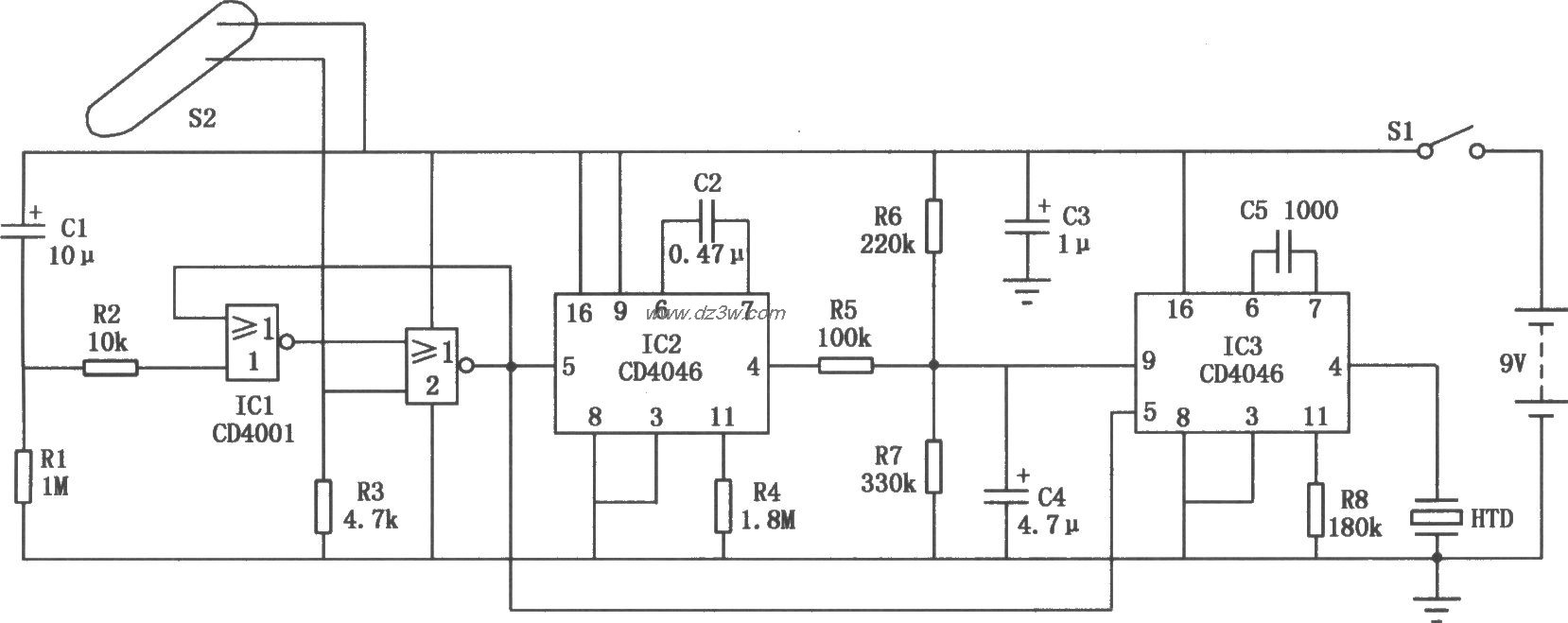 箱包防盗报警器电路(CD4电路图