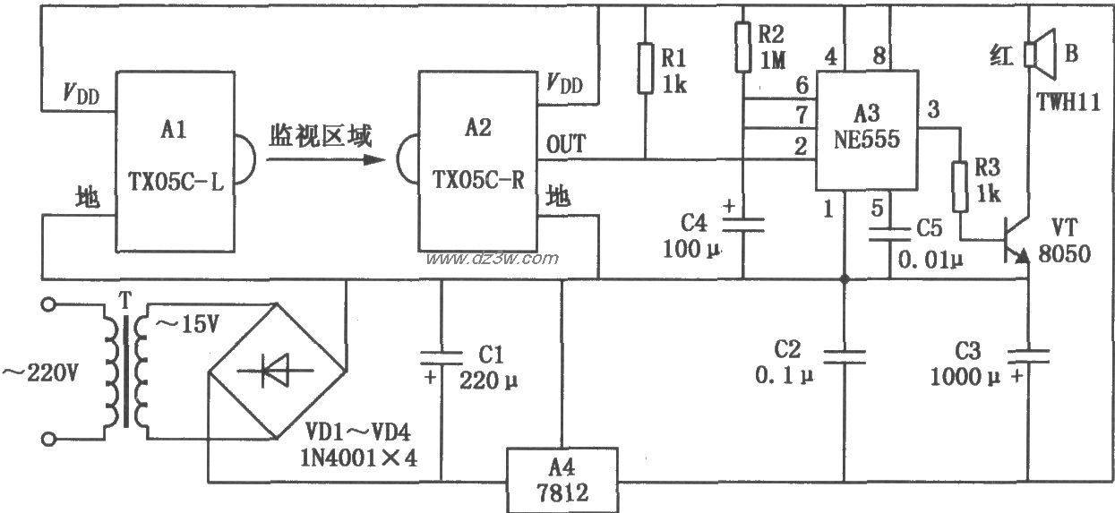 由TX05C-R构成的红外监视电路图