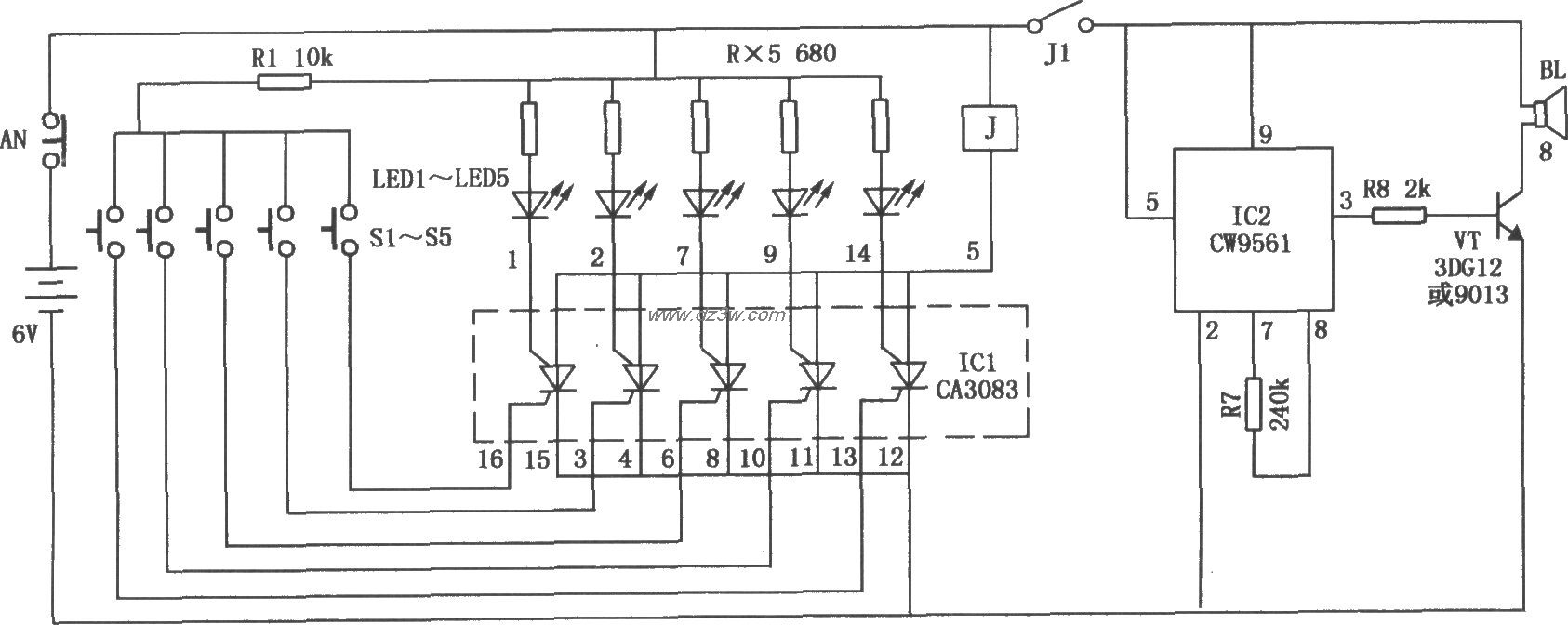 五路报警器电路(CA3083、电路图