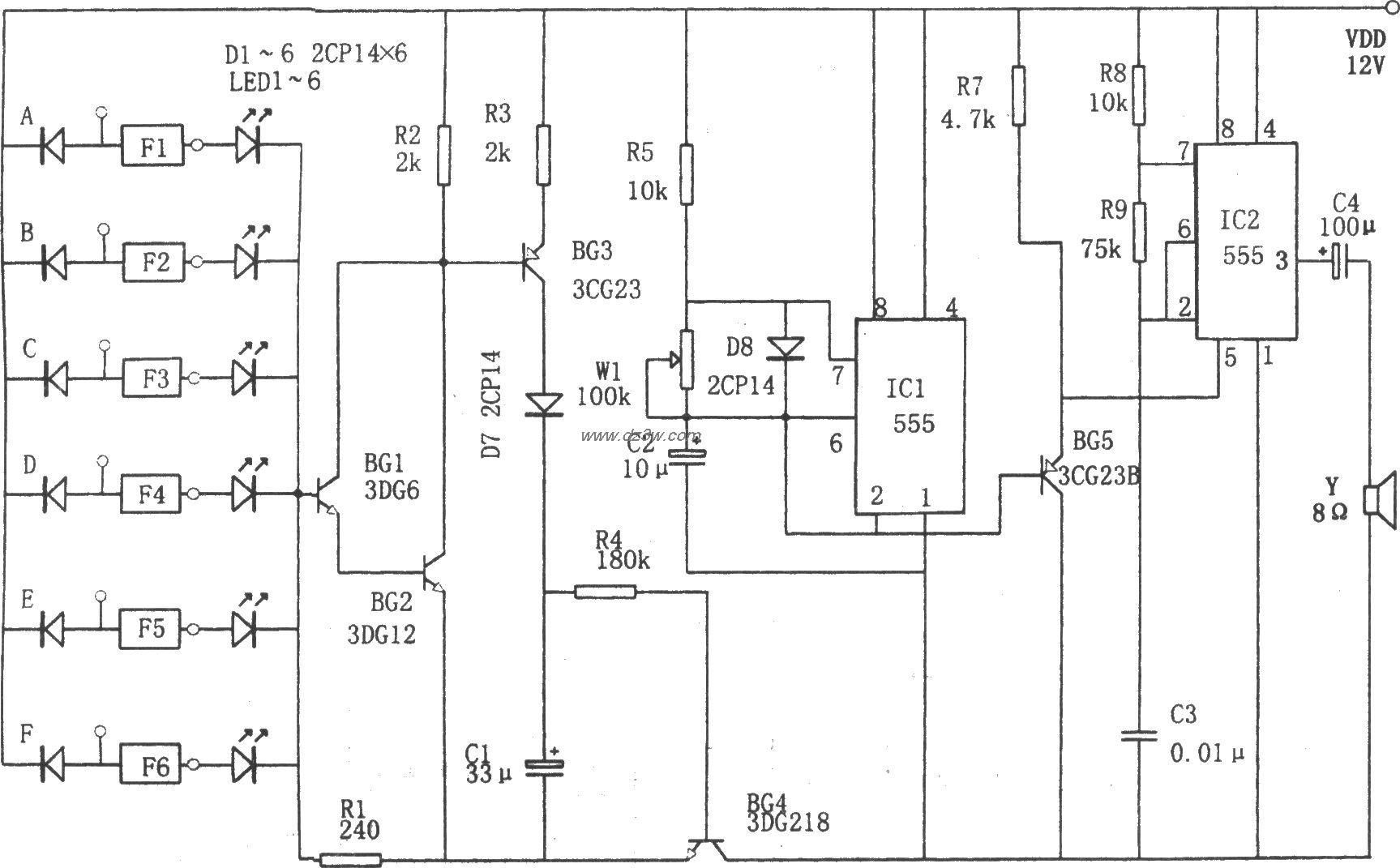 多路触摸音响报警器电路电路图