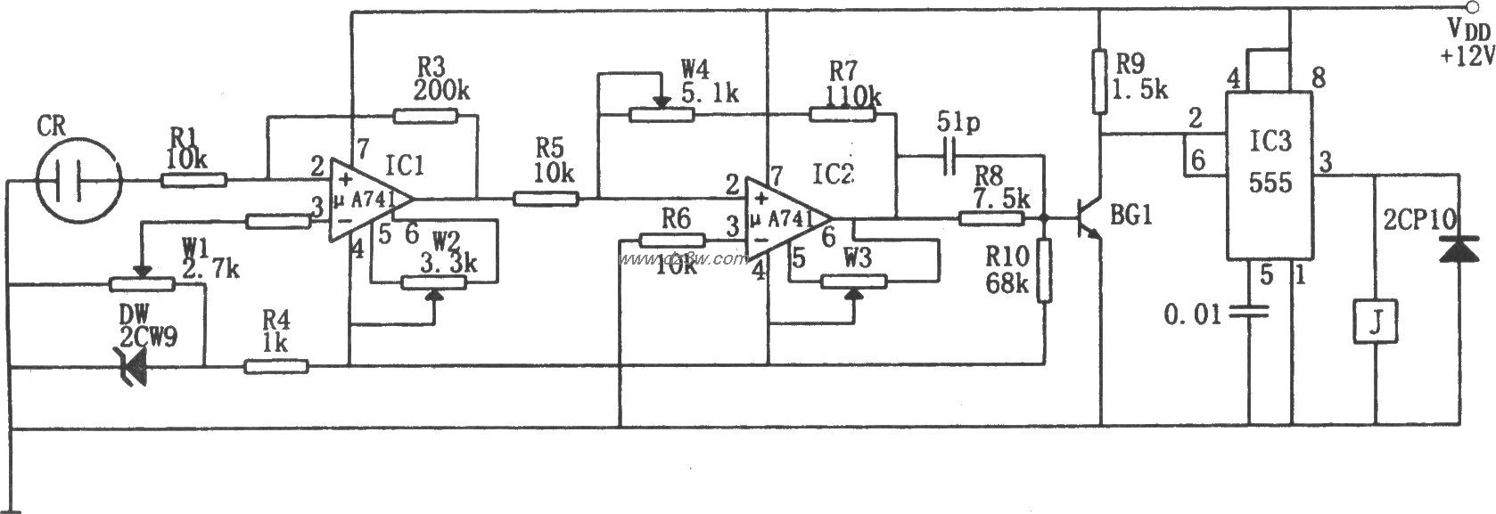 漏血报警电路(555、μA7电路图