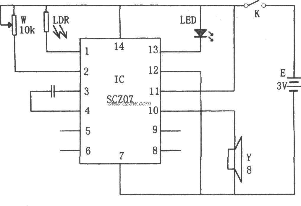SCZ07构成的光弱报警器电电路图