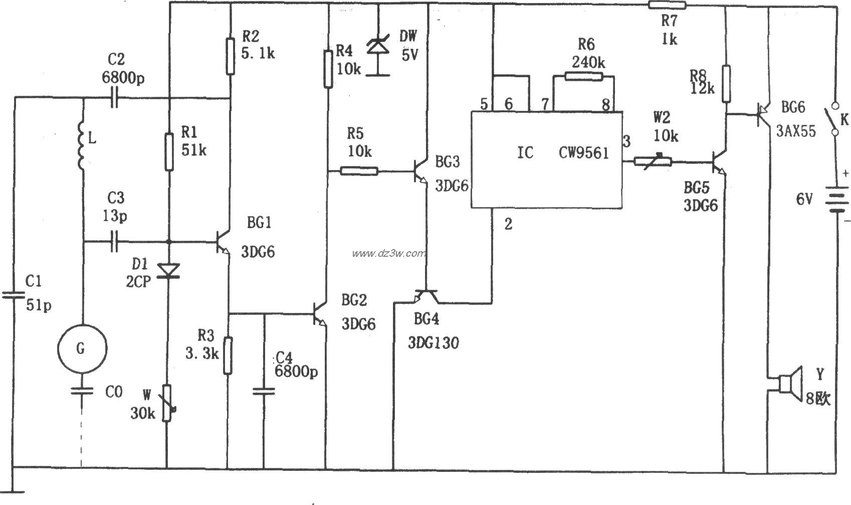 CW9561构成的感应式防盗电路图