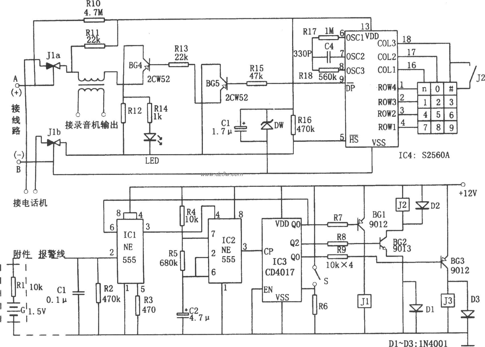 具有自动拨号功能的防盗电路图