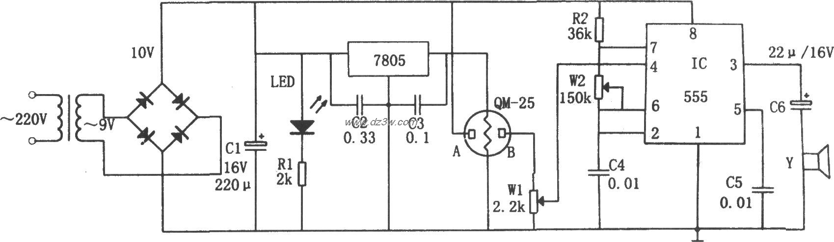 简易气体烟雾报警电路(5电路图