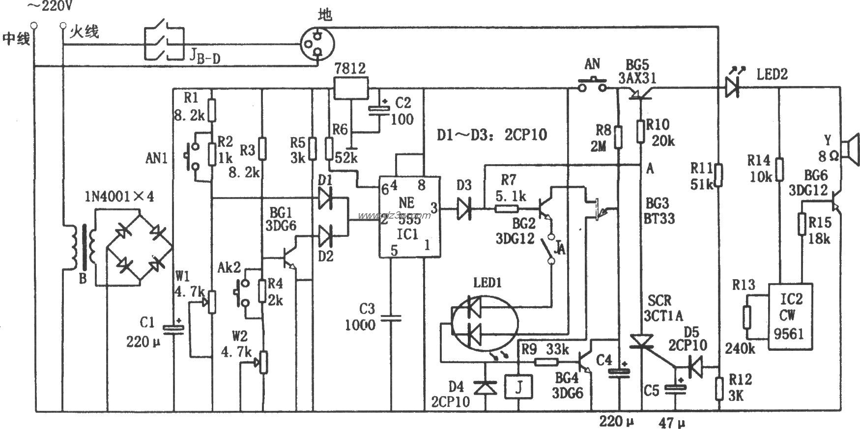 电冰箱外壳漏电报警器电电路图