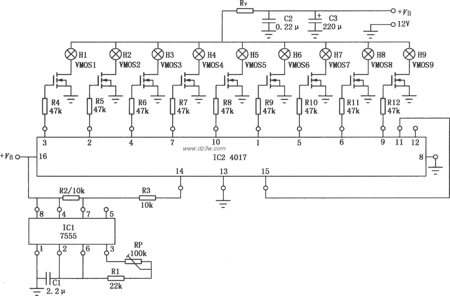 场效应管驱动定时循环闪电路图