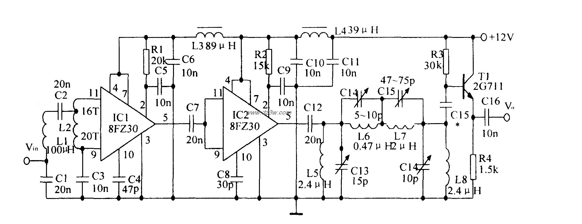 噪声射频一中频放大电路电路图