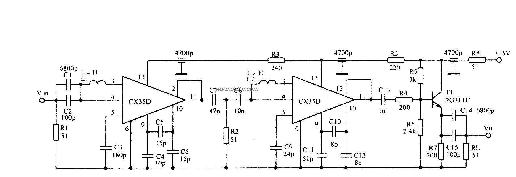 低噪声200MHz宽带放大电电路图