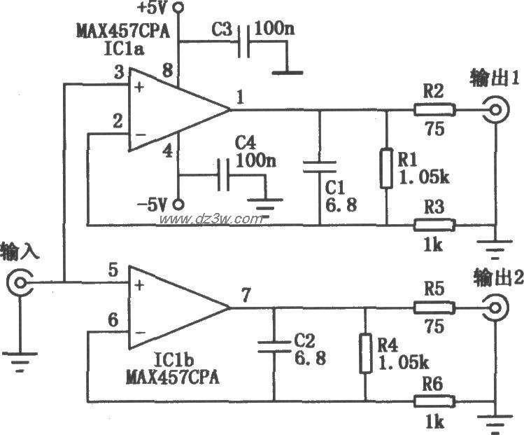MAX457构成的双路视频放电路图