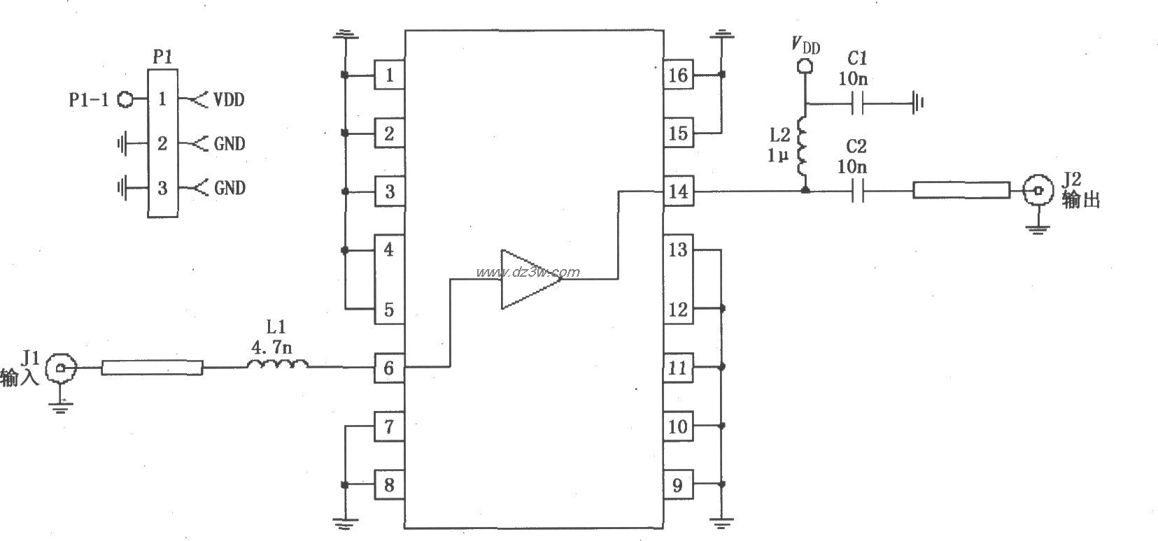 由RF2320构成的50Ω阻抗电路图