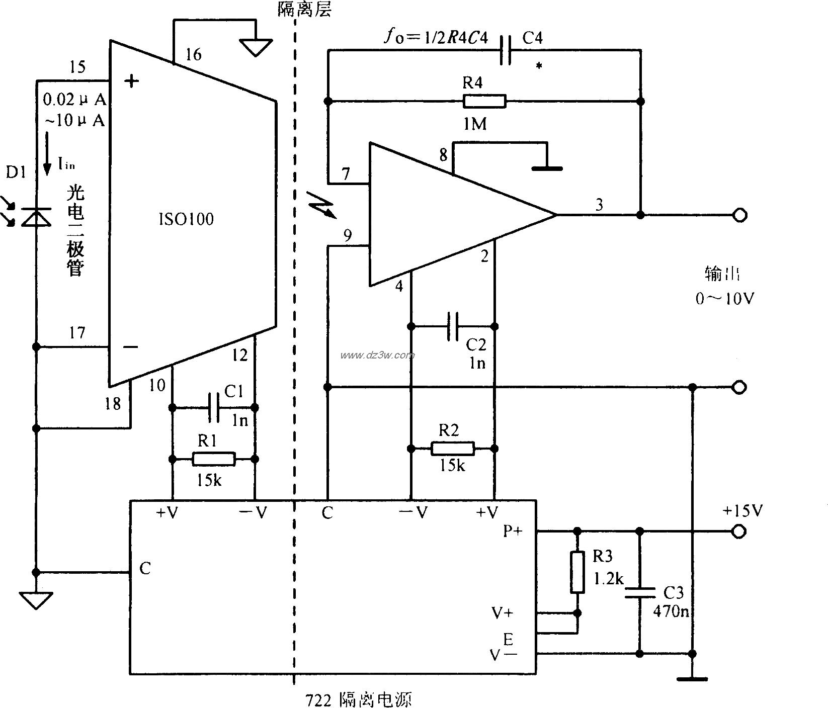 使用光电二极管和ISOl00电路图