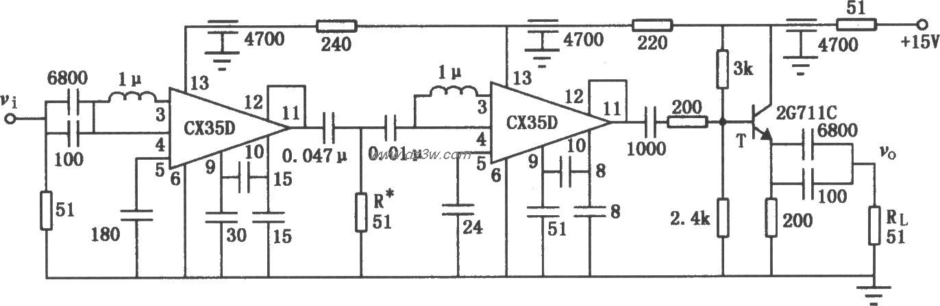 低噪声20MHz宽带放大电路电路图