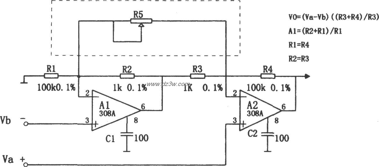 308集成运放构成的高输入电路图