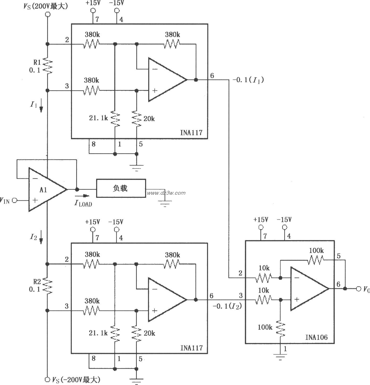 利用INA117组成的负载电电路图