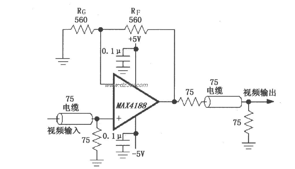 由MAX4188构成的视频线驱电路图
