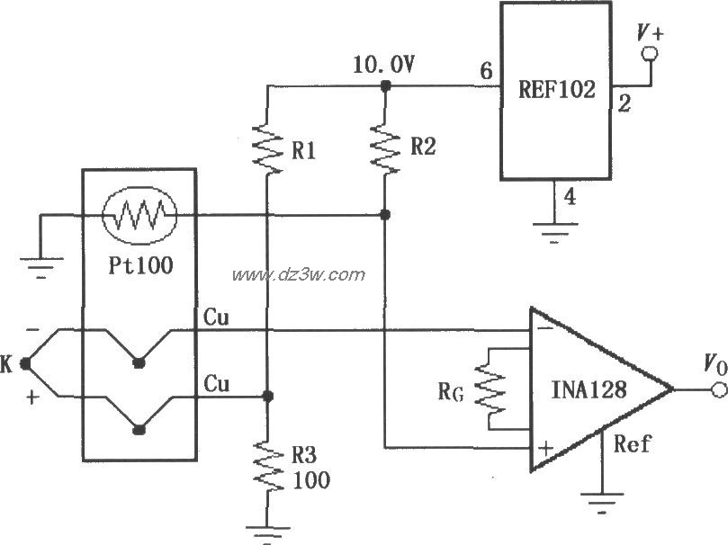 由INA128构成的有冷端补电路图