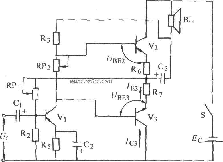 辅助对称式OTL功率放大电电路图