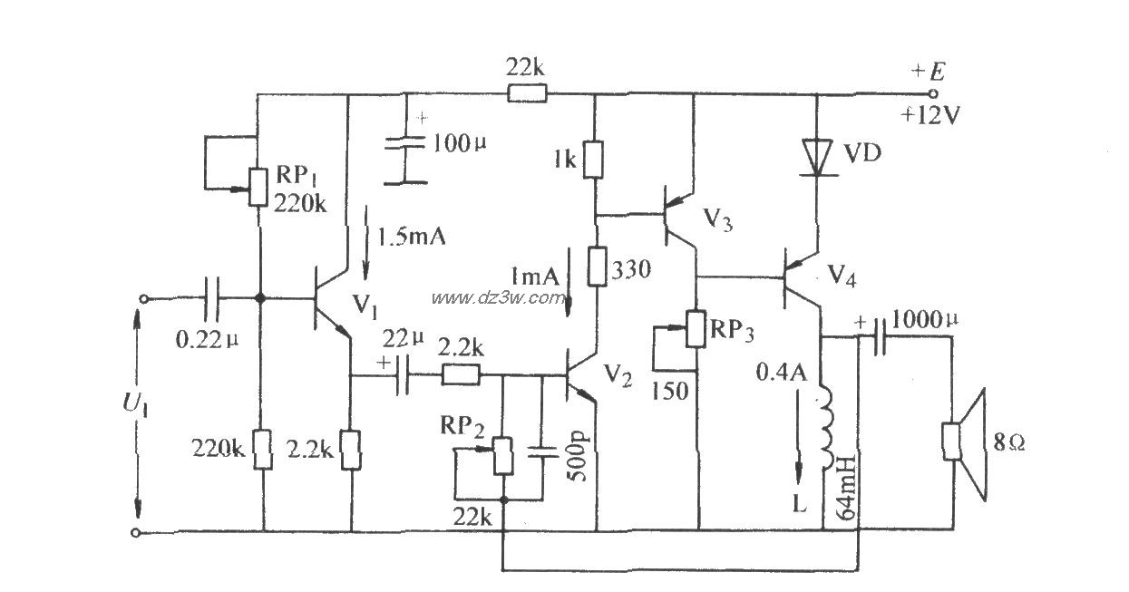 单管0TL功率放大电路电路图
