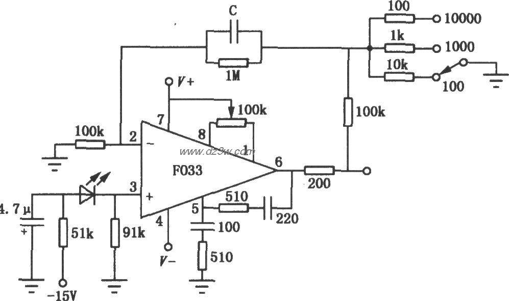 F033组成的光敏信号放大电路图