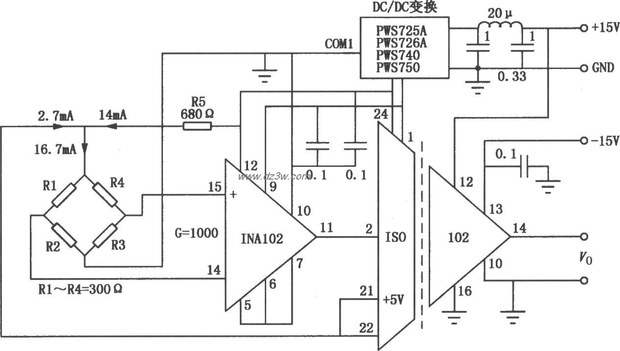 INA102组成的精密电桥隔电路图