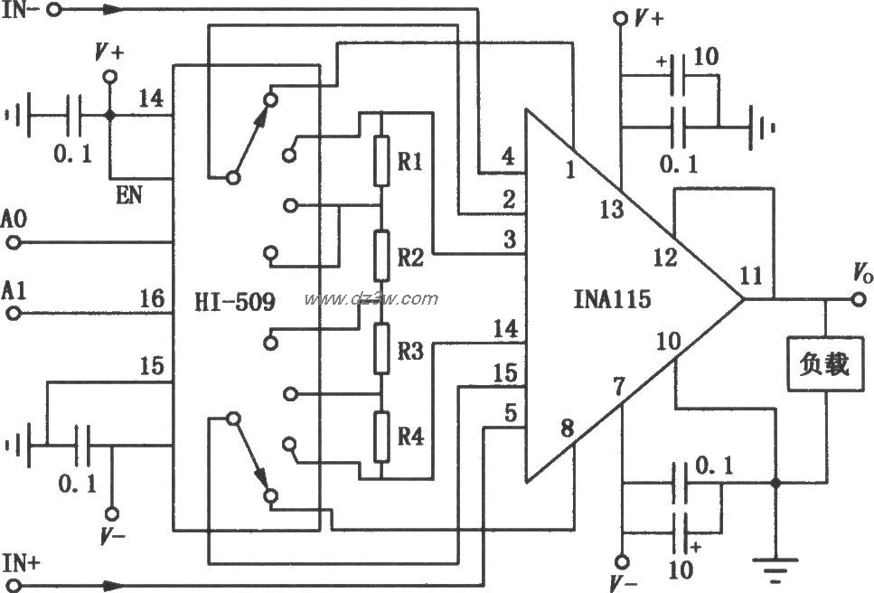 INA115组成的开关增益放电路图