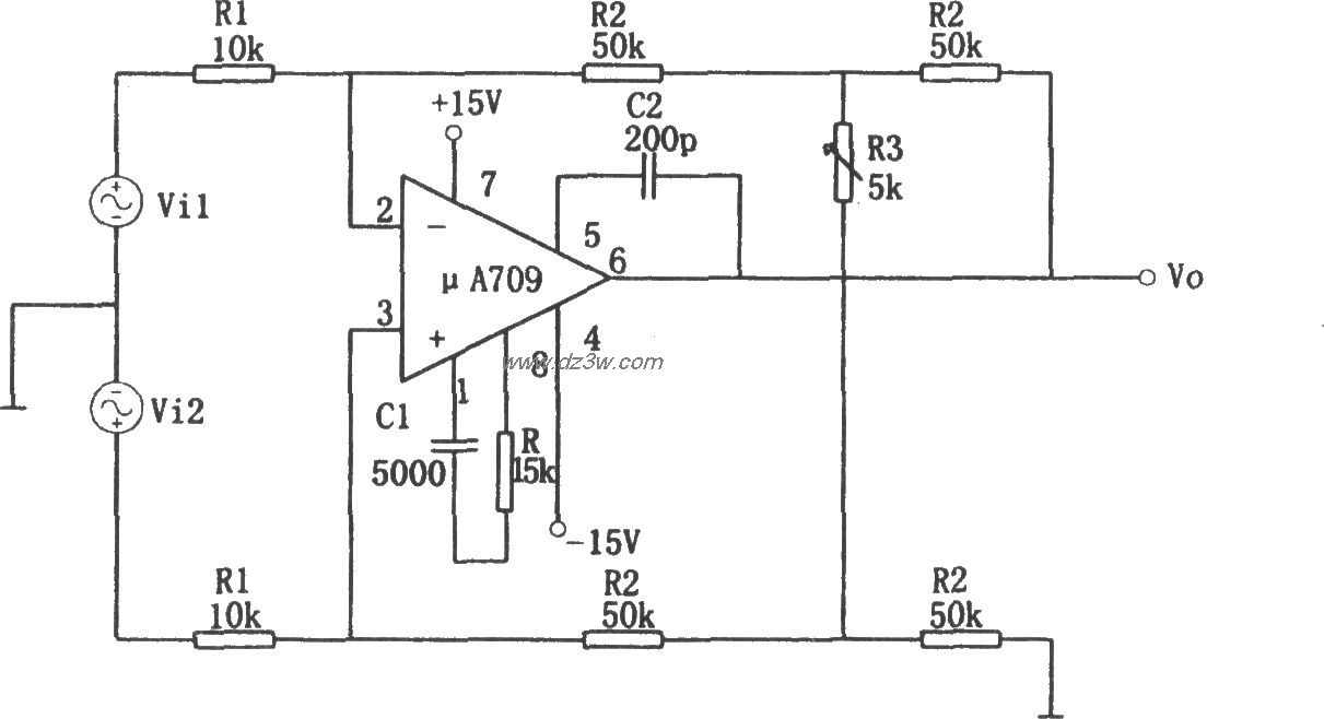 μA709构成的可变增益差电路图