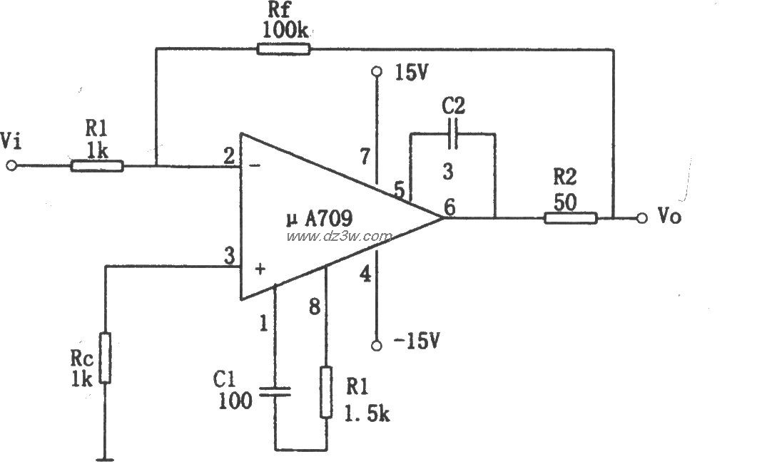 μA709构成的基本反相放电路图