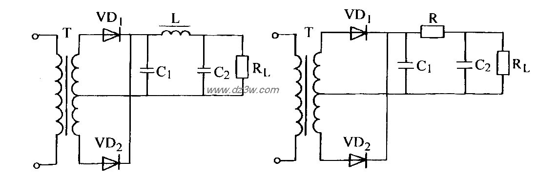 单相全波整流π型滤波电电路图