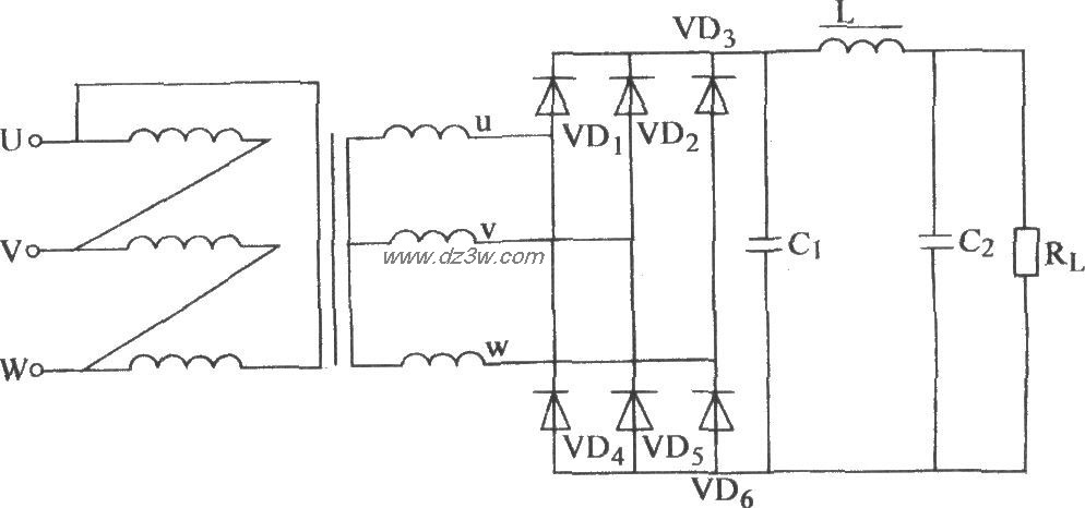 三相桥式整流行π型滤波电路图