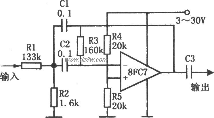 单电源低电压带通滤波器电路图