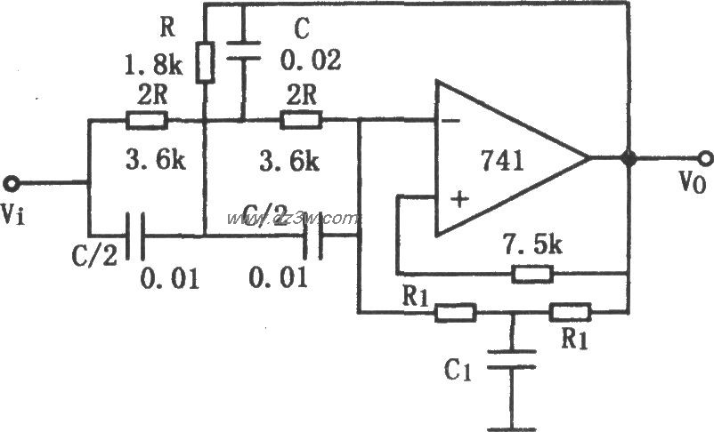 Q值可调的带阻滤波器(74电路图