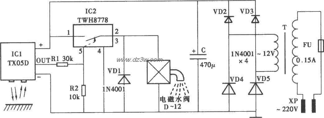 采用TX05D的红外线控制水电路图