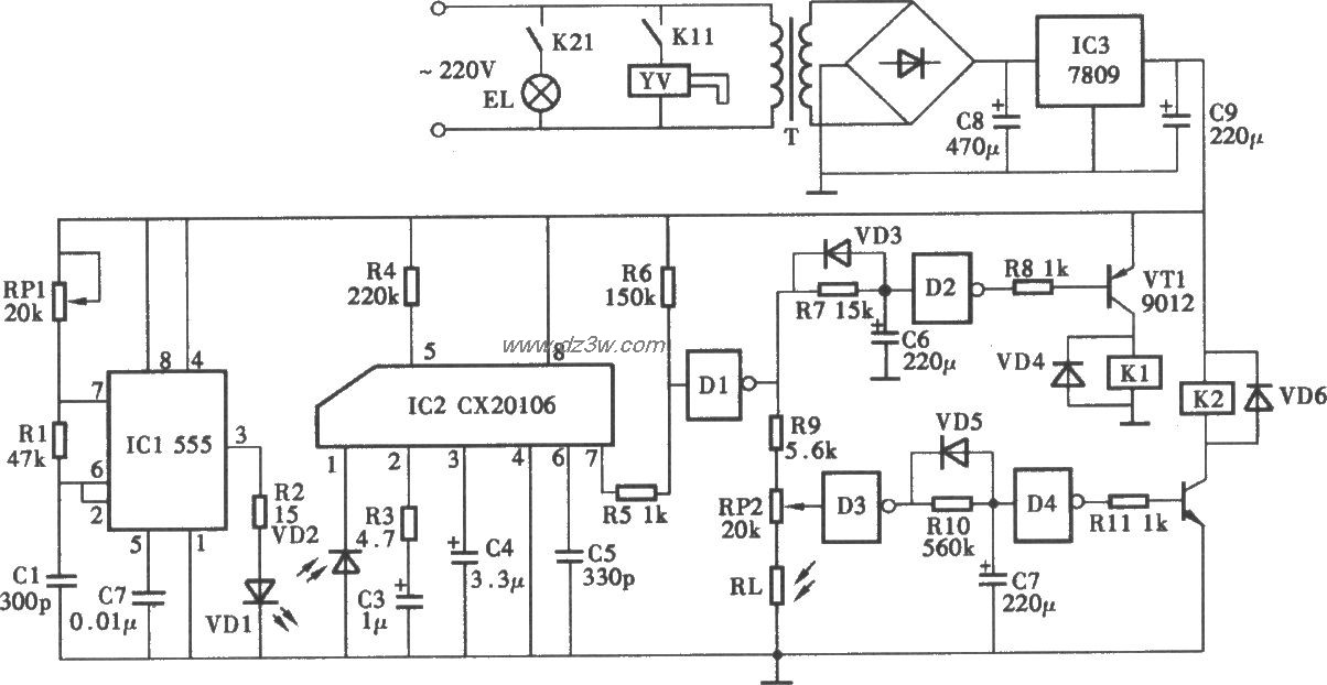 采用CX20106红外线控制水电路图