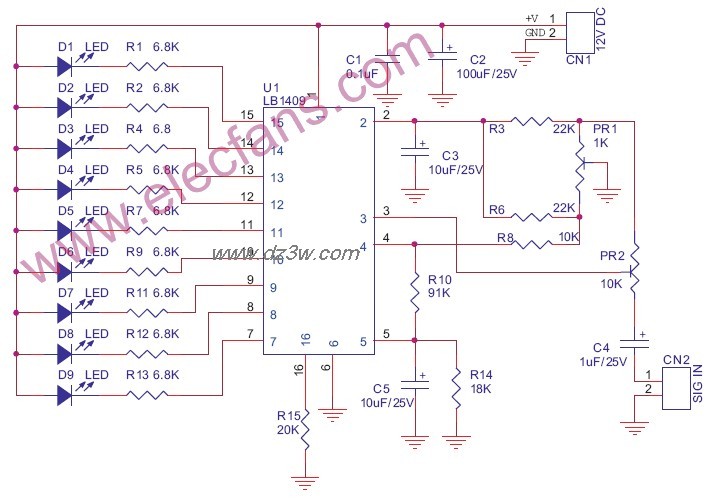 由9个LED组成的音频电平电路图