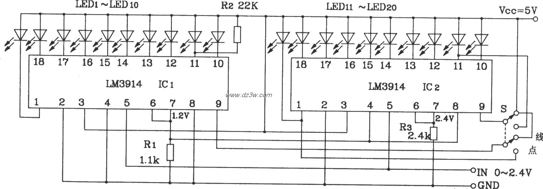 两块LM3914构成的20位LE电路图