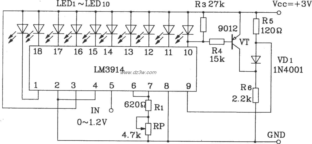 LM3914构成点显示线溢出电路图