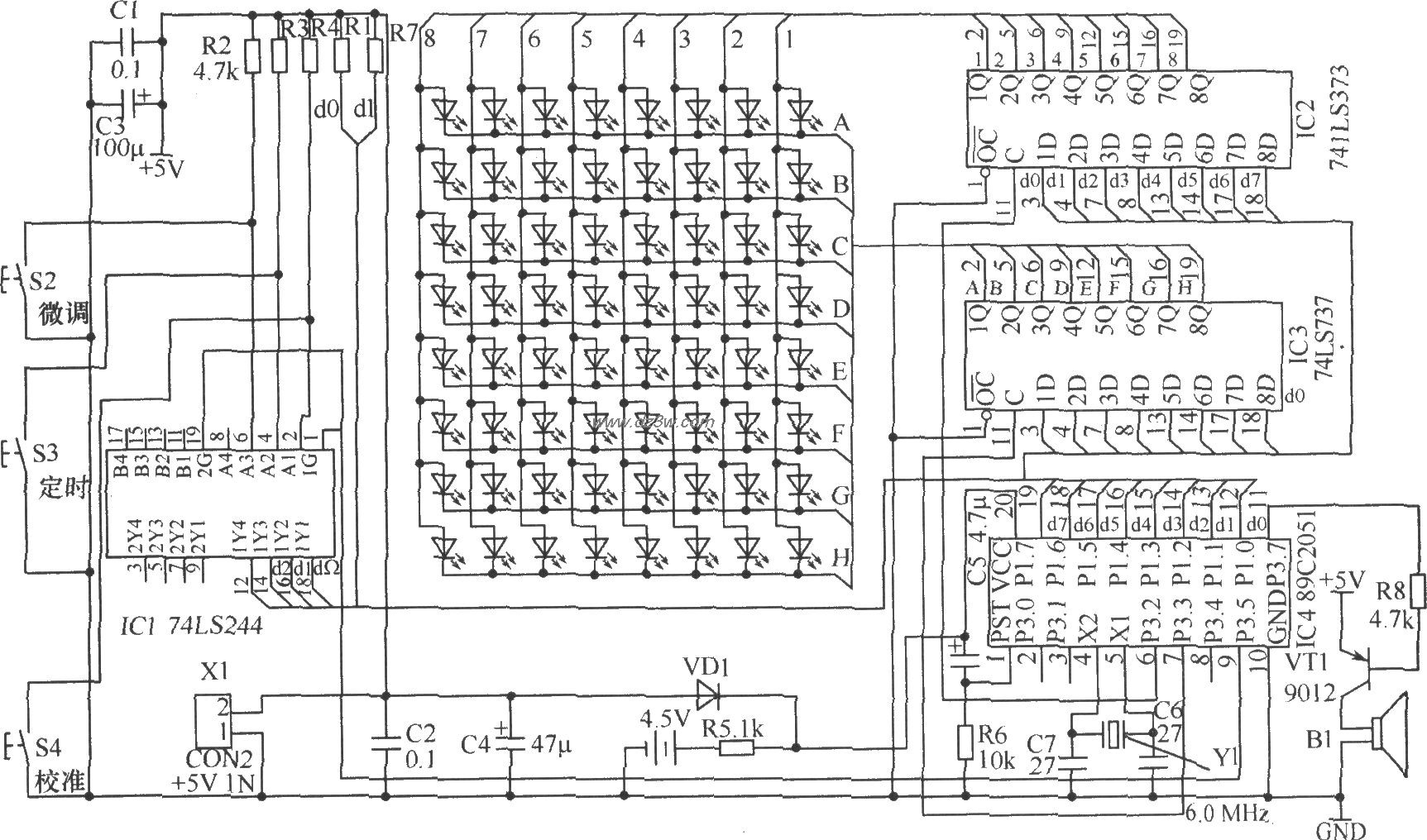 LED流动显示电子钟硬件电电路图