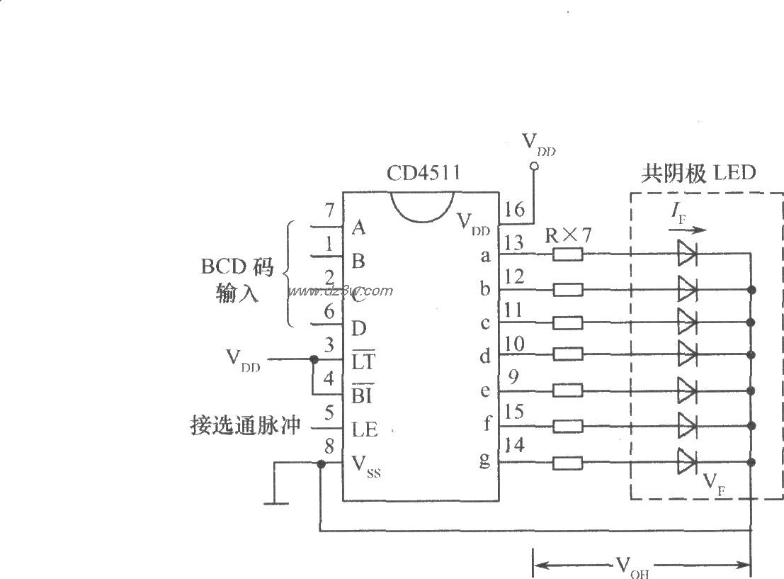 CD4511驱动共阴极LED数码电路图