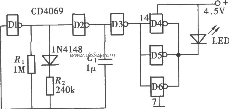 由CD4069组成的LED闪光灯电路图