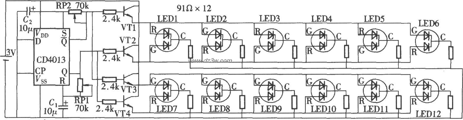 由CD4013组成的自动双色电路图