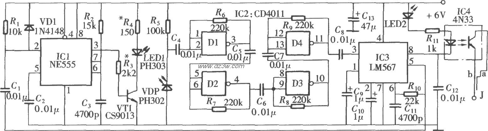 由NE555、LM567组成的红电路图