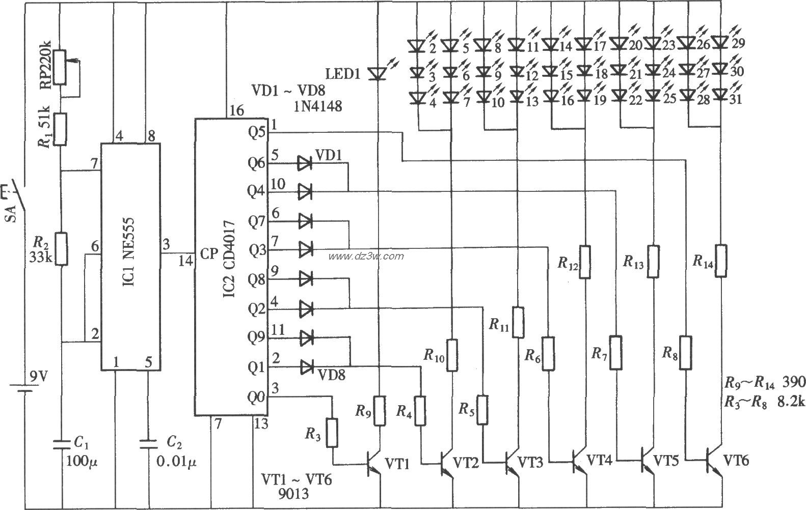 由CD4017、NE555组成的电电路图