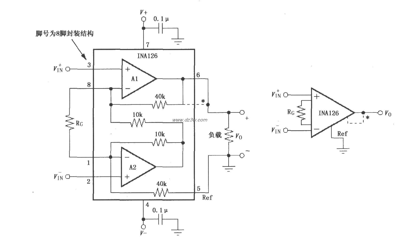 INA126信号和电源的基本电路图