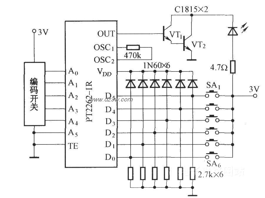 PT2262-IR的应用电路电路图
