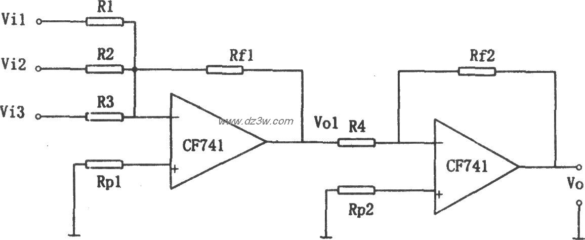 CF741构成的输入输出同相电路图
