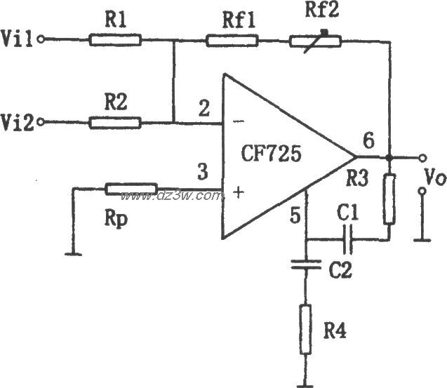 CF725构成的增益可调加法电路图