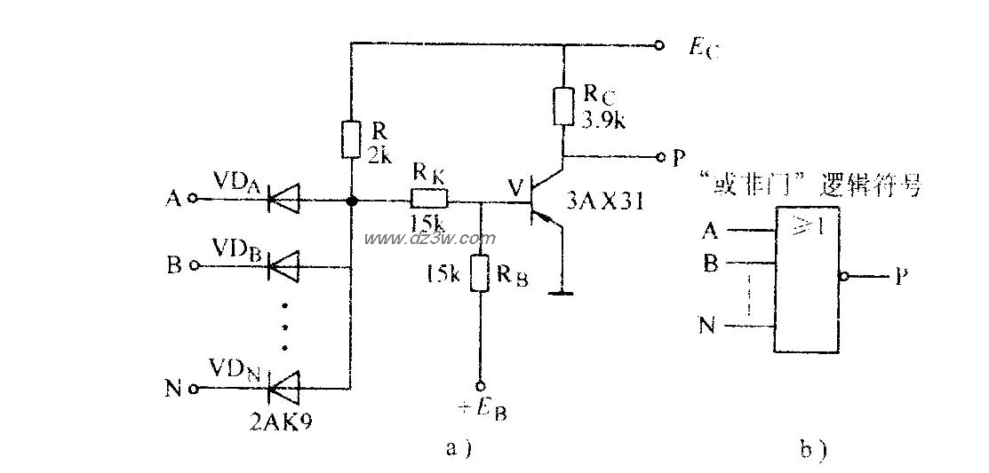 二极管-晶体管或非门电路电路图